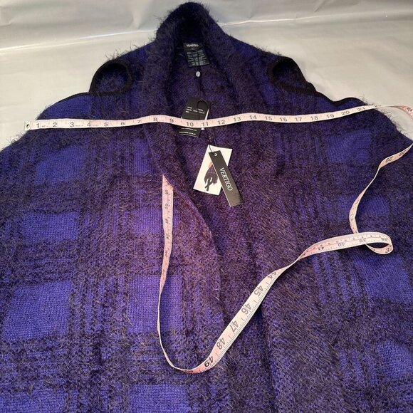 Vertigo Plaid Fuzzy Cardigan Womens Open Front Tweed Wrap Cape Boho Fringe Trim - Picture 9 of 16